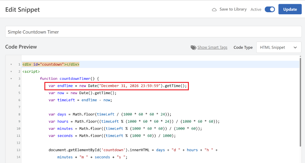View and edit the countdown timer snippet