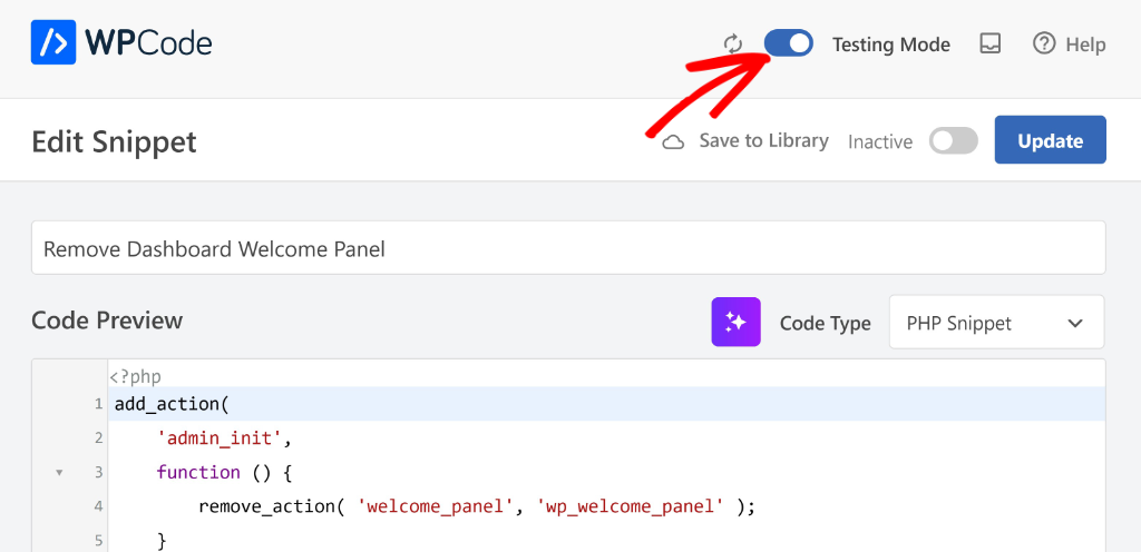 Enable testing mode in WPCode